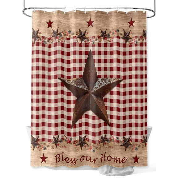 Red Plaid Vintage Country Star Shower Curtain, Farmhouse Wood Texture Bathroom Decor Curtains Set with Hooks, Waterproof Fabric Home Accessories， 72 X 78 Inch Long