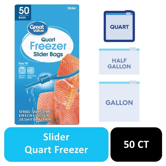 Great Value Freezer Guard Slider Zipper Bags, Quart Freezer, 50 Count