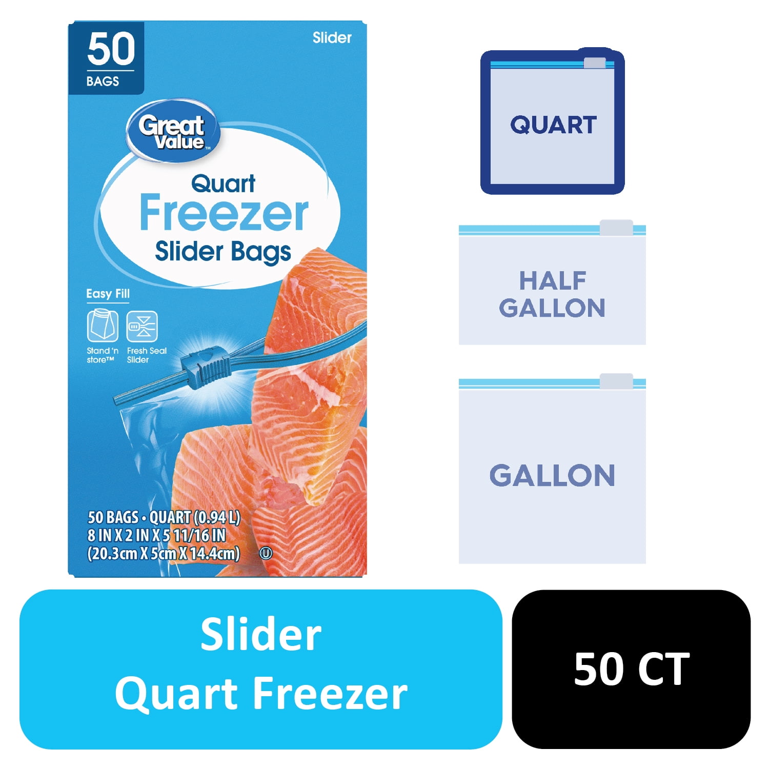 Great Value Slider Zipper Freezer Bags, Quart, 50 Count