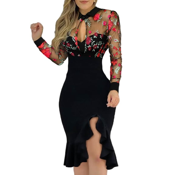 Summer Dresses for Women 2022, Women V-Neck Elegant Midi Bodycon Party Dress Slit Ruffle Hem Floral Lace Mesh Long Sleeve Dress Formal Dresses