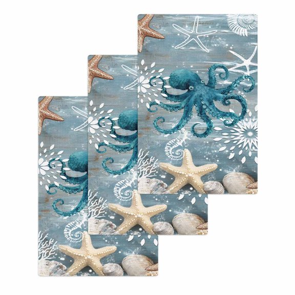 Blue Octopus Coastal Kitchen Dish Towels for Drying Dishes Set of 3, Summer Beach Ocean Starfish Coral Waffle Weave Microfiber Hand Tea Bathroom Towels Quick Dry & Absorbent Towel 15.7x23.6