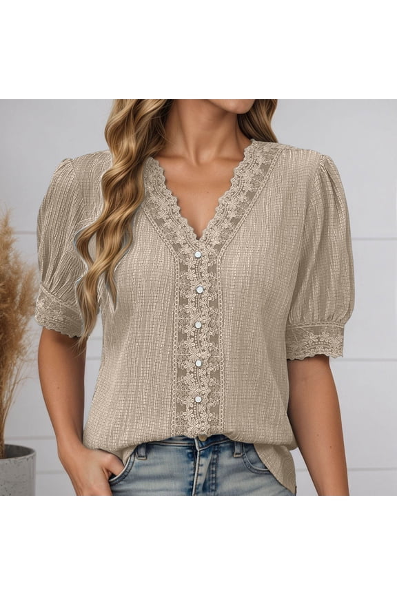 Women's Lace Trim Blouse, V Neck Puff Sleeve, Button Down Shirt Dressy Summer, Casual Work Top
