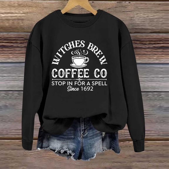 Women's Casual Crew Neck Sweatshirt Vintage Halloween Coffee Cup Witch Graphic Long Sleeve Pullover Streetwear Top Fall Spring Outfits Black L