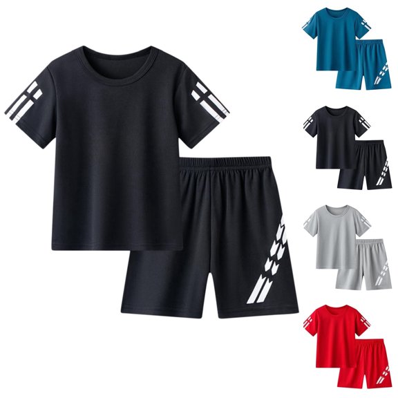 Bnwani Boys Athletic Outfit Sets Short Sleeve Cotton 2 Piece Performance Running Shirts and Shorts Black Sizes 2-10