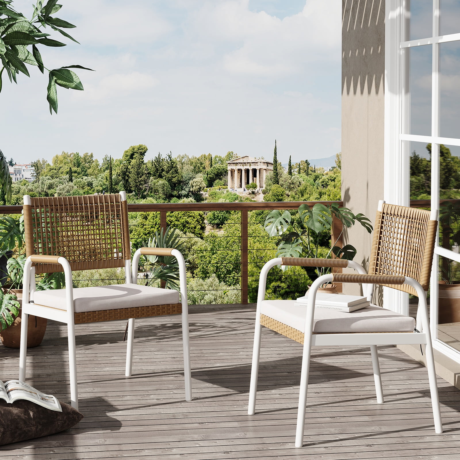 Riedhoff Outdoor Patio Dining Chair Set of 2, with 1.18" Cushions and Armrest, White/Brown