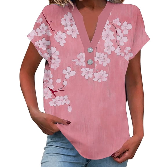 Cilsoka Womens V Neck Shirts Short Sleeve Henley Tops Button Floral Print T Shirts Work Tops Casual Tunic Tops Summer Fashion Clothing