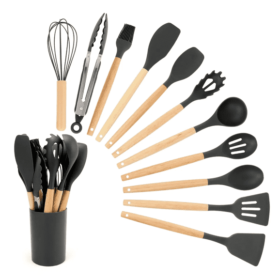 12 Pieces Kitchen Silicone Utensils Sets Cooking Utensils sets Wooden Handle Spoon Tong Heat Resistant Non stick Cookware Spatula Set With Holder Cooking Gadget tool Food Graded BPA Free Non Toxic
