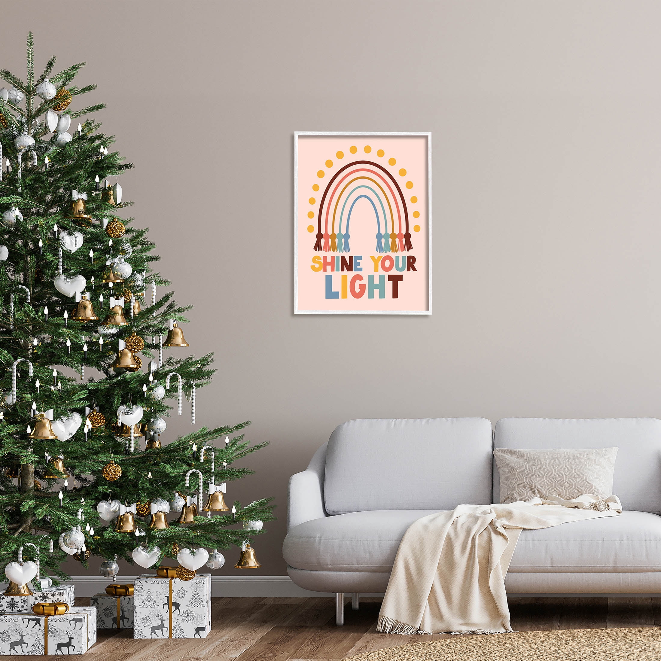 Shine Your Light Hanukkah Rainbow Holiday Graphic Art White Framed Art Print Wall Art