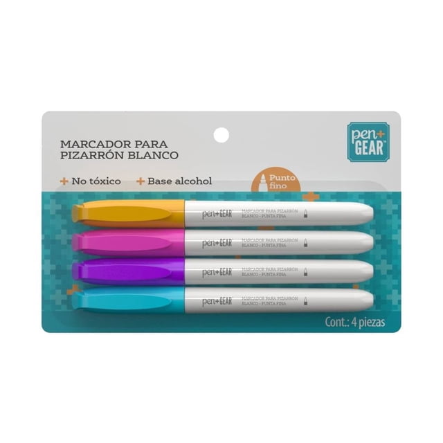 Marcador Pen + Gear para Pizarrón, Punta fina, Varios colores, 4 piezas.
