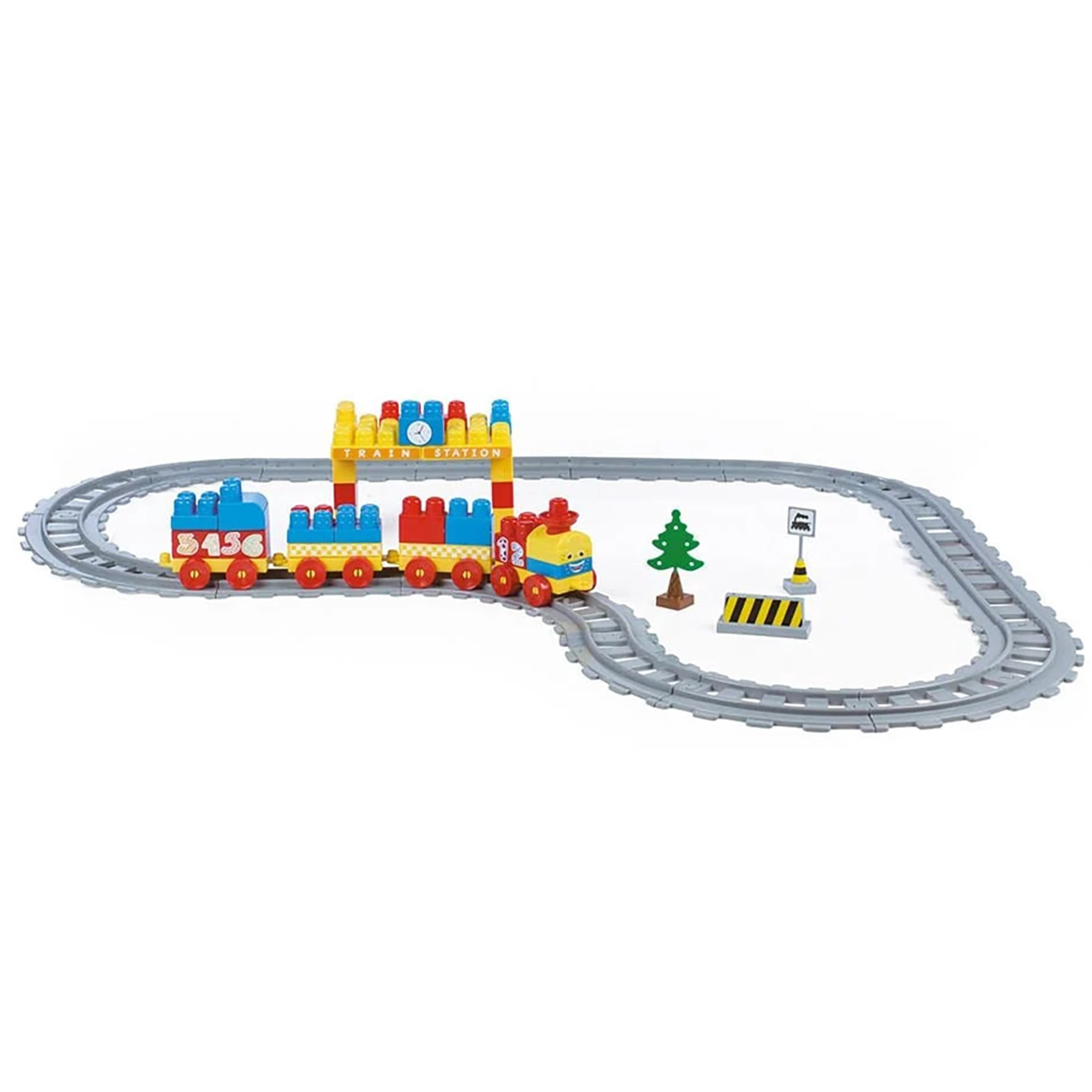 Dolu: Train Set - 89 Pcs - Blocks Assembly Station & Tracks, Yellow-Red-Blue, Push Train, Interactive Brick Building Toy, Toddler & Kids Ages 18mo+
