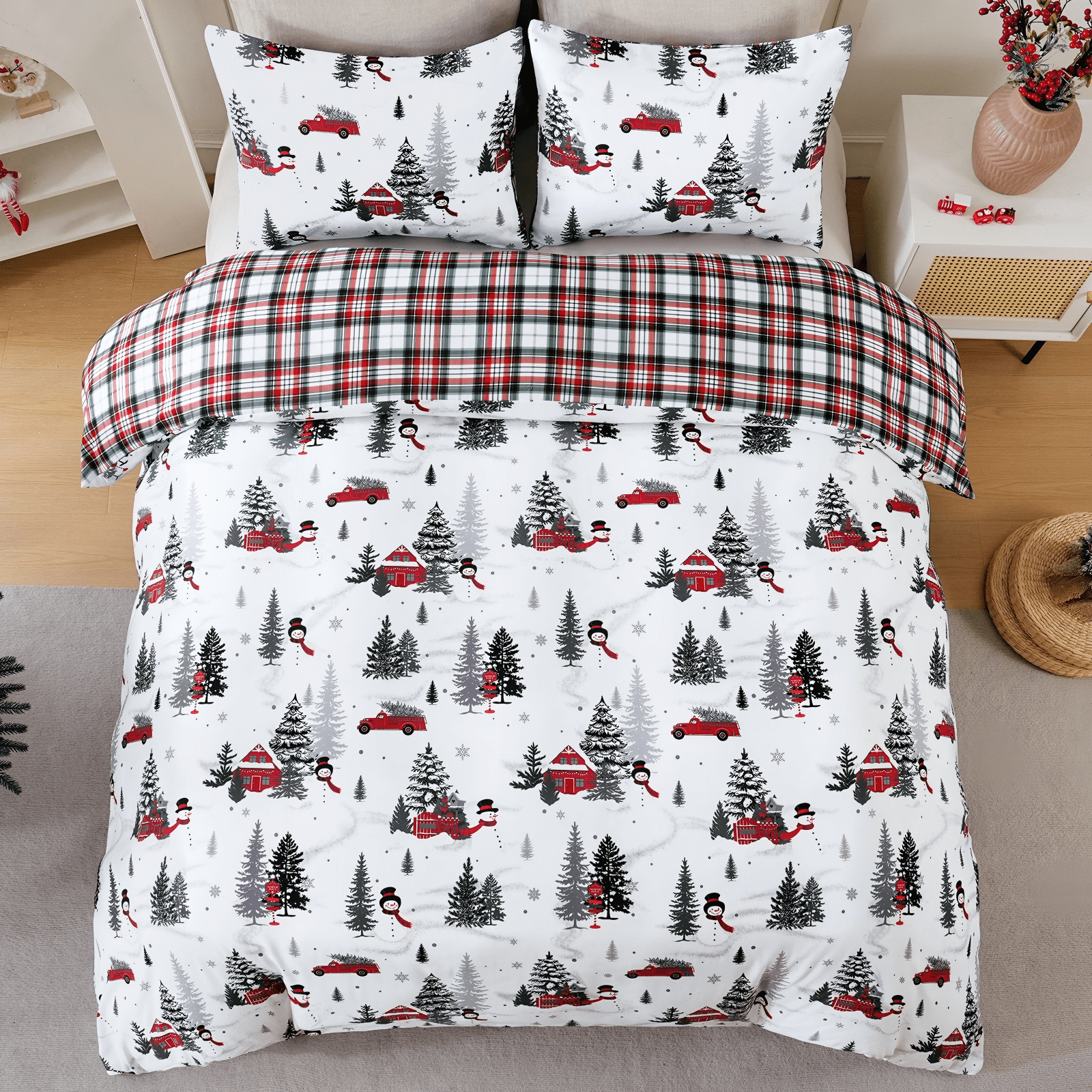 BLEUM CADE Duvet Cover Set Christmas Tree Snowflake Plaid Set Festive 3 - Piece with Pillow Cover, Soft Microfiber for Home Bedroom Set, Holiday Season Theme