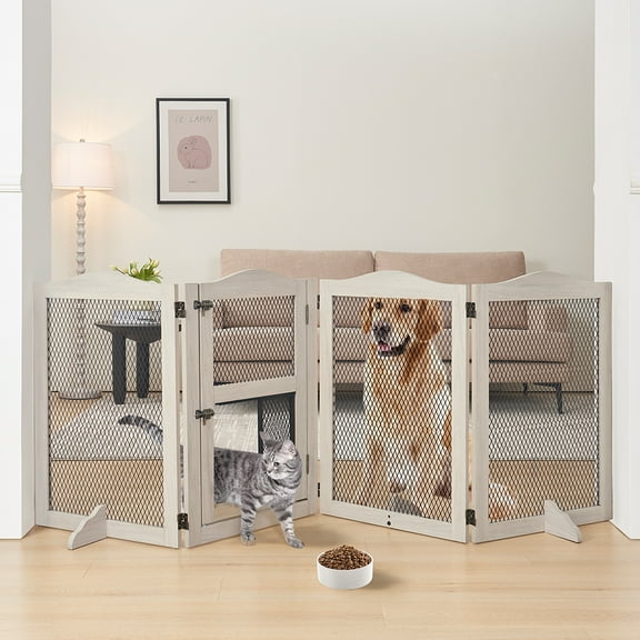 Unipaws Freestanding Pet Gate with Small Cat Door, Wooden Dog Gates with 3 Support Feet, Grey