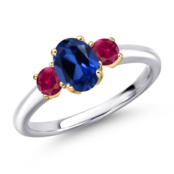 Gem Stone King 10K Two Tone Gold Blue Created Sapphire and Red Created Ruby Engagement Ring for Women | 1.50 Cttw | Oval 7X5MM | Gemstone September Birthstone | Size 8