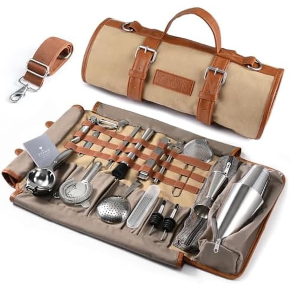 Bartender Travel Kit with Waxed Bag | 22 Piece Bar Set in Roll | Portable Cocktail Tools for Home & Travelling Bartending – Professional Boston Shakers, Unbreakable Melon Squeezer, Accessories