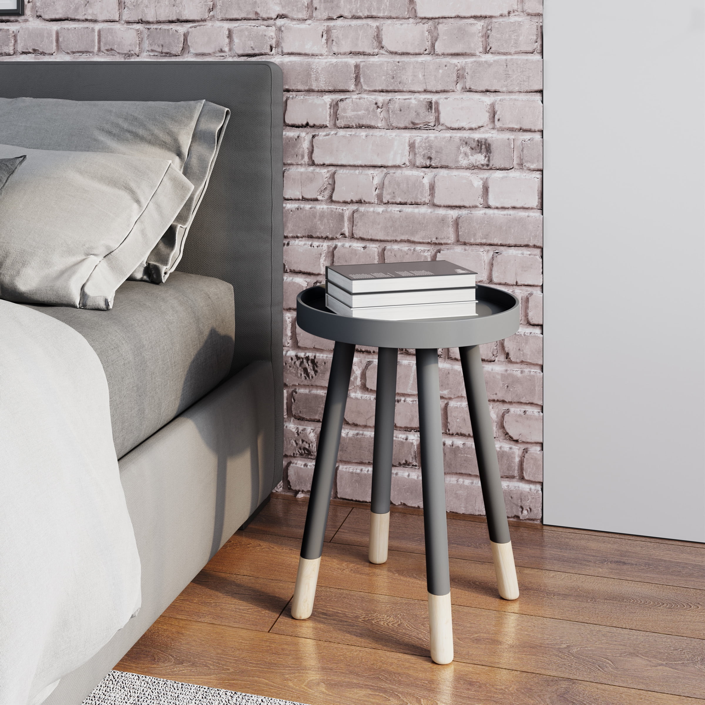 Lavish Home Mid-Century Modern Round End Side Table with Tray Top – Living Room, Bedside & Decor, Gray
