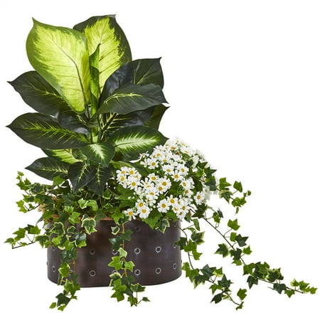 - Nearly Natural 29? Golden Dieffenbachia, Ivy and Daisy Artificial Plant in Planter