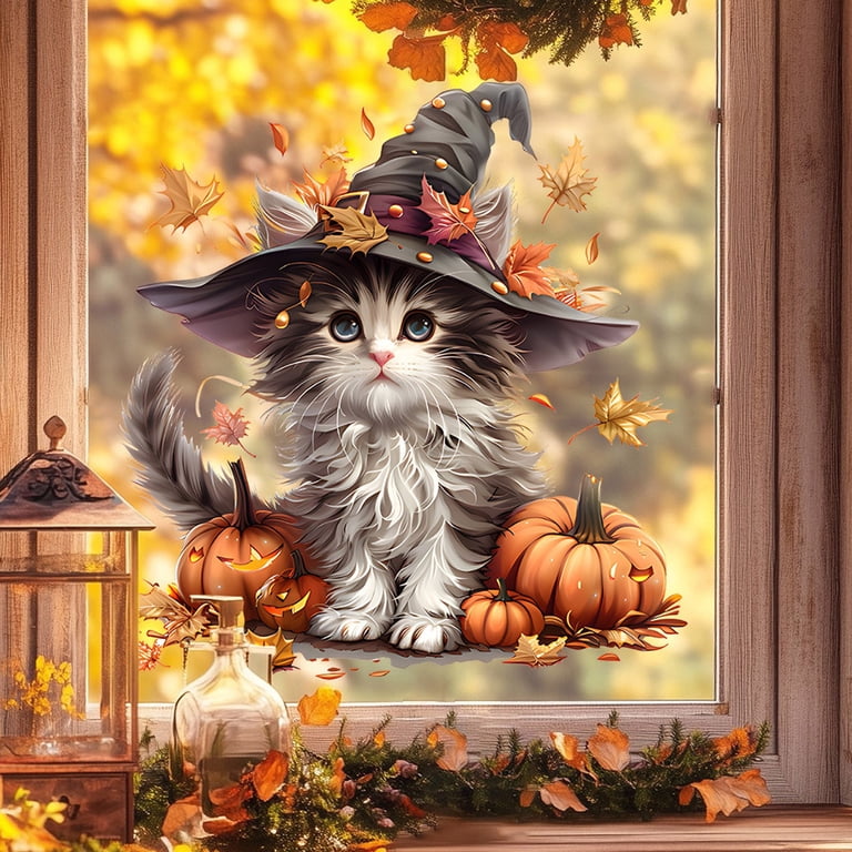 Halloween Window Stickers 11.4x10.9 Inch Pumpkin Cat Witch Hat