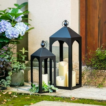 Nuptio Decorative Tall Black Metal Pillar Candle Holder Lantern, Indoor Outdoor Lanterns for Porch & Patio ,17" & 23" Set of 2 ,No Glass