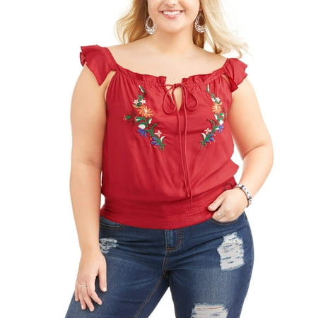 Poof Junior Plus Embroiderd Gathered Waist Top