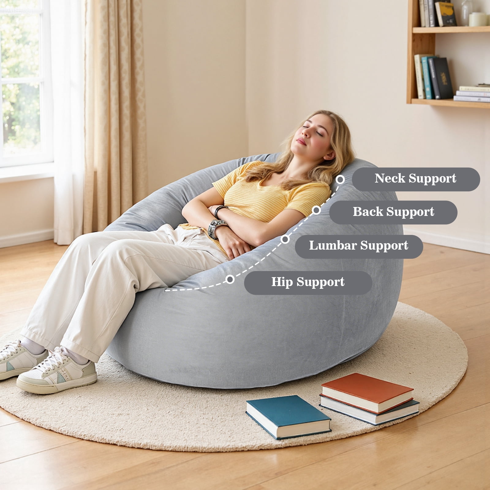 Lusimo Giant Bean Bag Chairs Bean Bag Bed with Foam Filling, Convertible Bean Bag Chair Bed with Washable Velvet Cover and Side Pocket for Adults, Family, Living Room, Gray, Full Size