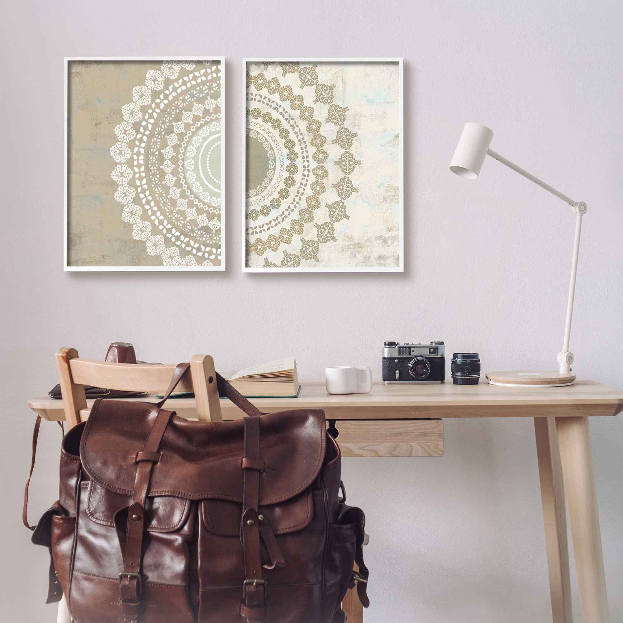 Stupell Rustic Mandala Boho Pattern Abstract Painting White Framed Art Print Wall Art, Set of 2