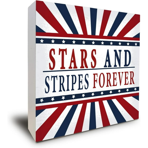 Zomyto 7"x7" Patriotic Decor 4th of July Decoration Box Sign Desk Decor,Stars and Stripes Forever Wood Box Sign