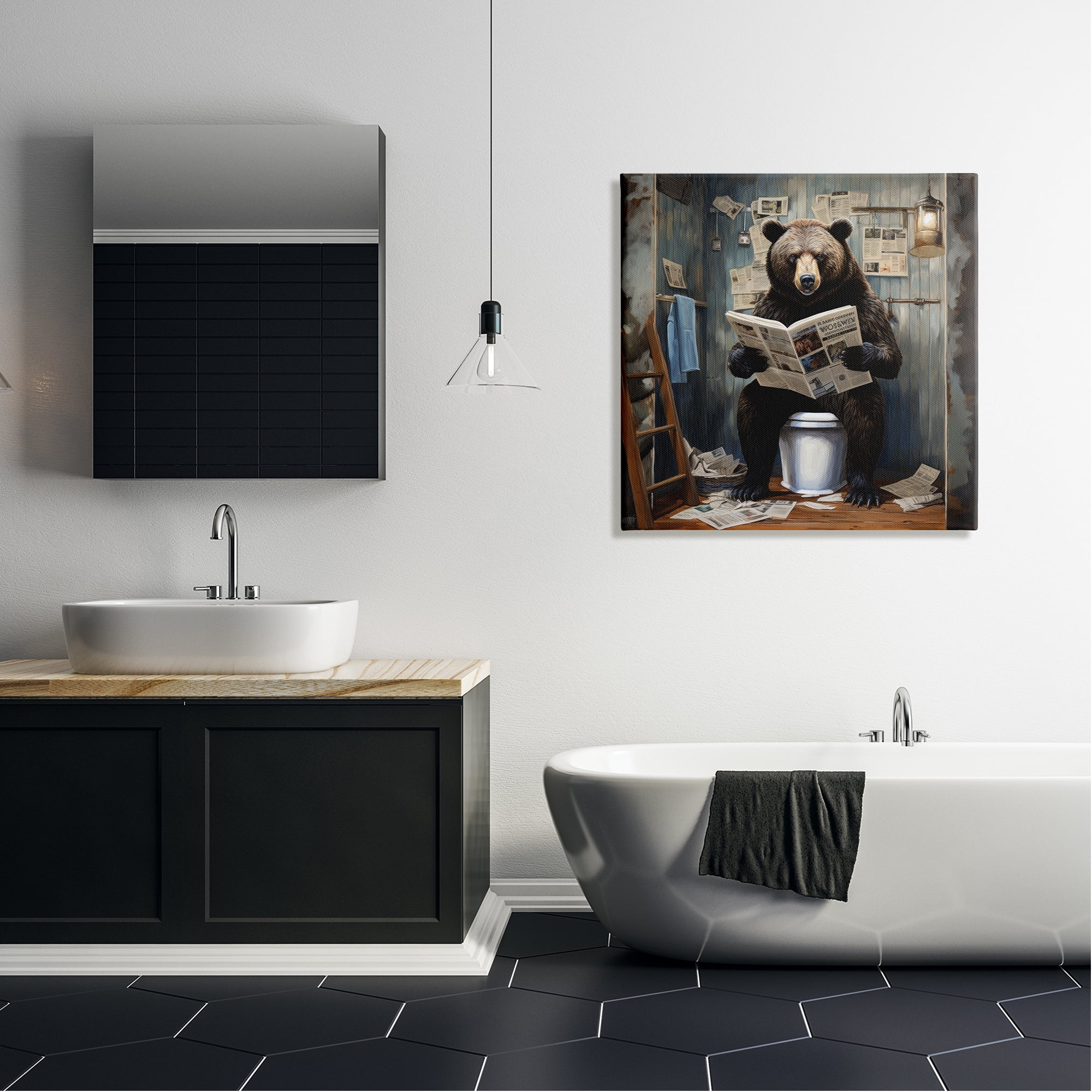Bear with Newspaper Bathroom Canvas Art, 30 x 30