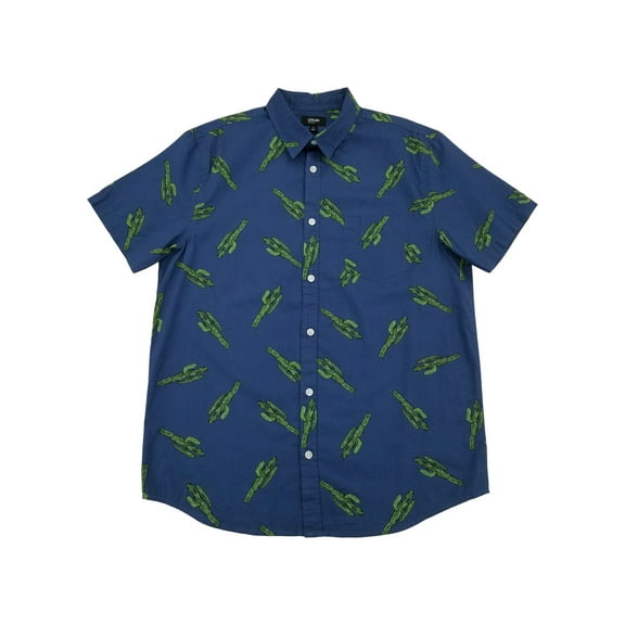 Mens Blue Cactus Print Short Sleeve Button-Down Shirt Large