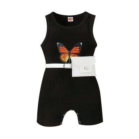 

Zlekejiko Toddler Girls Sleeveless Butterfly Romper Ribbed Jumpsuit Belt Waist Bag Outfits Girls 18 Month Fall Clothes Baby Girl Outfit Jumper