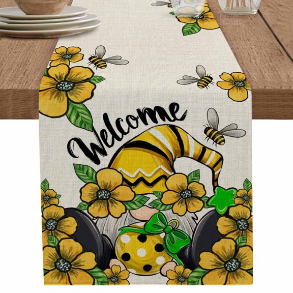 Yellow Gnome Flower Bee on Vintage Linen Table Runner-70 Inch Long Green Leaves Table Runners Linen Burlap Tablerunner for Kitchen Dining Room Holiday Party