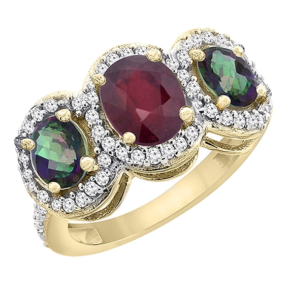 14K Yellow Gold Natural HQ Ruby & Mystic Topaz 3-Stone Ring Oval Diamond Accent, size 8