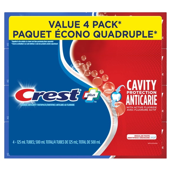 Crest Plus Cavity Protection Toothpaste, Regular Paste, 4x125ml