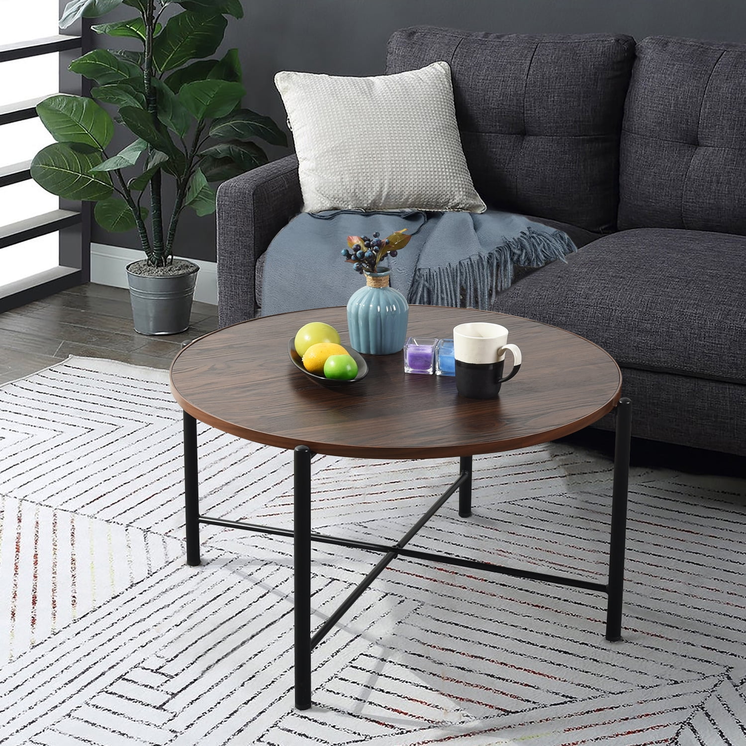 Kepooman Round Coffee Table, Rustic Wooden Surface Top & Sturdy Metal Legs Industrial Sofa Table for Living Room Modern Design Home Furniture Kepooman Round Coffee Table, Rustic Wooden Surface Top & Sturdy Metal Legs Industrial Sofa Table for Living Room Modern Design Home Furniture