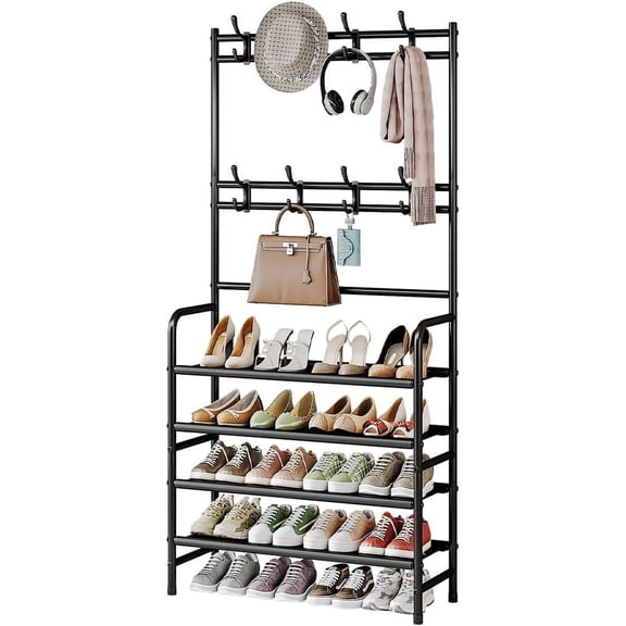 IMIKEYA 4 Tier Shoe Rack with Coat Hooks Black Iron Sturdy Entryway Organizer