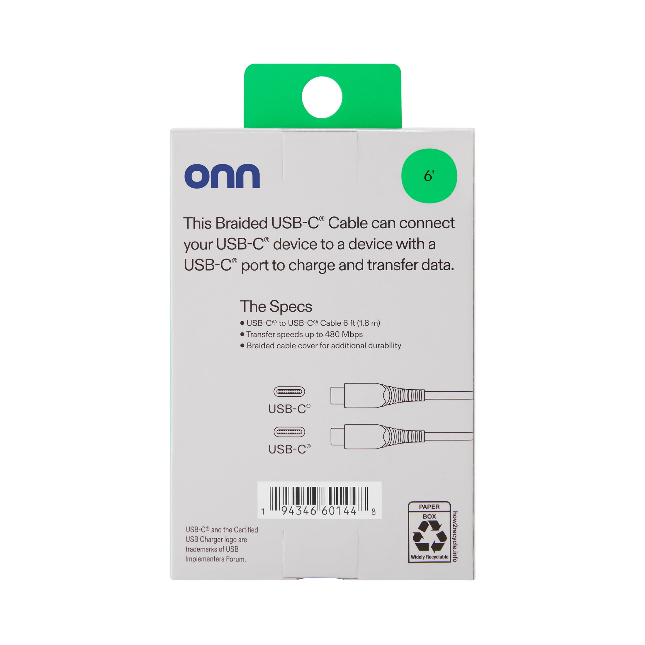(5 pack) onn 6ft USB-C to USB-C Braided Charging Cable, Fast Charging,USB-IF Certified, White