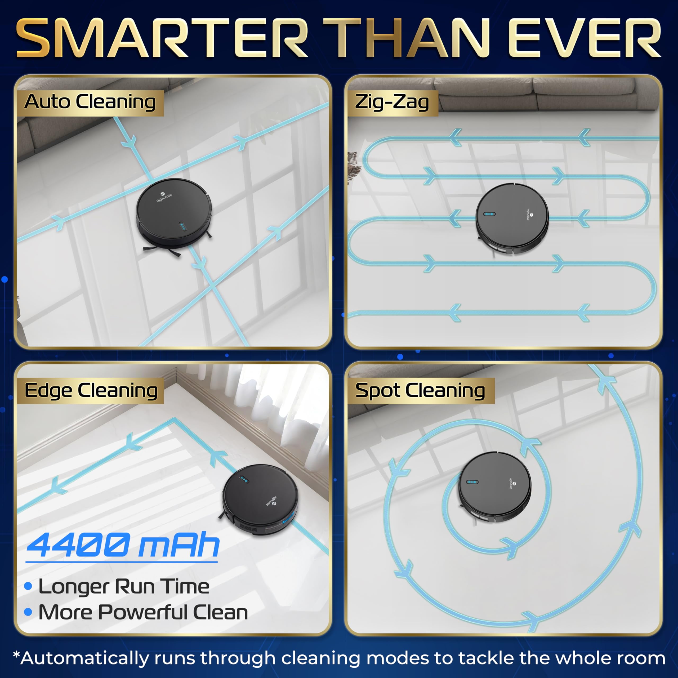 Smart Robot Vacuum and Mop Combo, 2000Pa Suction, App Control, 4 Cleaning Modes, Anti-Fall Sensors, Multi-Surface Cleaning, Self-Charging, Ideal for Pet Hair, Soft and Hard Floors, Black