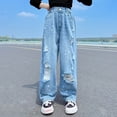 thumbnail image 2 of Girls' Spring Fall Denim Pants With Distressed Rips Kids' Dad Style Wide Leg Trousers Blue 14 Y-15 Y, 2 of 7