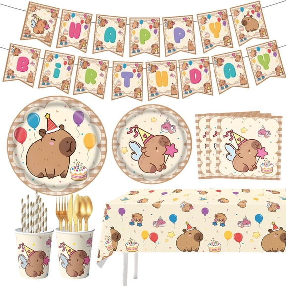 162Pcs Capybara Party Decorations Tableware Set for Boys Girls Kids Baby Shower Includes Plates Napkins Forks Cutlery Tablecloth Cartoon Capybara Birthday Theme Party Supplies for 20 Guests