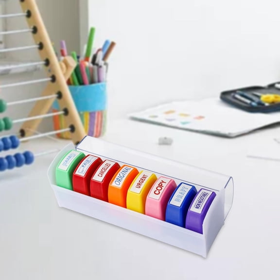 8Pcs Office Stamp Business Paper Work Text Stamps with Tray Ink Stampers Message Account Stamp Rubber Business Stamp Draft Cancelled Copy