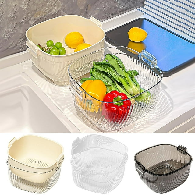 Cesta de lavado de verduras de doble capa con drenaje - Cuenco de frutas y ensaladas de gran capacidad para separar lo húmedo y lo seco