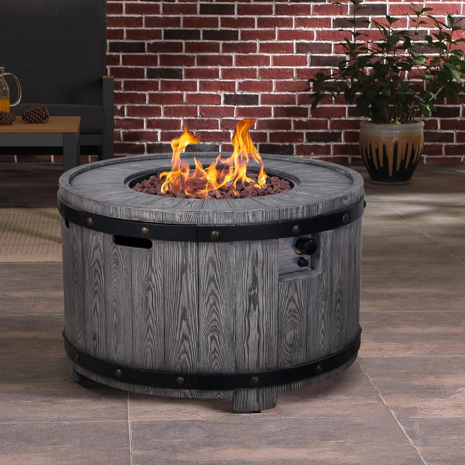 Afterglow Outdoor 36" Round TerraFdab Propane Fire Pit Table for Outside Patio Backyard Garden, Firepit Table with Weather Cover and Lava Rocks(Gas Tank not Included)，50000 BTU, Wood Look(Grey)