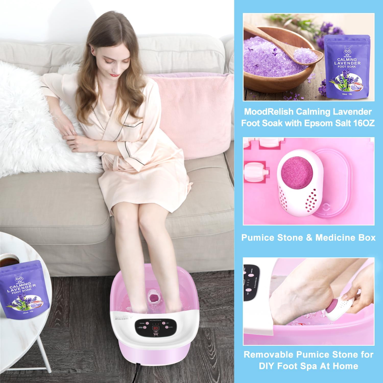 Foot Spa Bath Massager with Heat Bubbles Vibration Jets Red Light 22 Rollers Adjustable Temp Pink