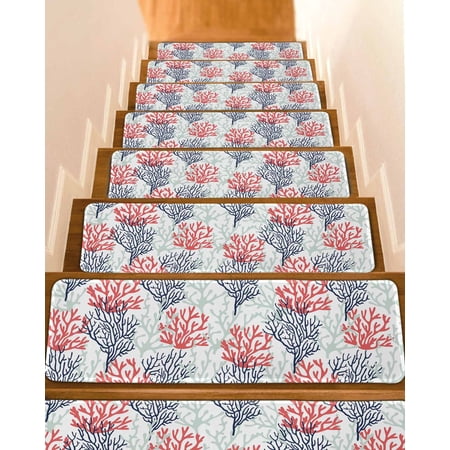 Red Navy Blue Coral Coastal Stair Treads for Wooden Steps Indoor Runner Rug Carpet Summer Beach Seaside Nautical 10 Pieces Peel and Stick Staircase Step Treads Covers Washable Throw Door Mats 30 x8