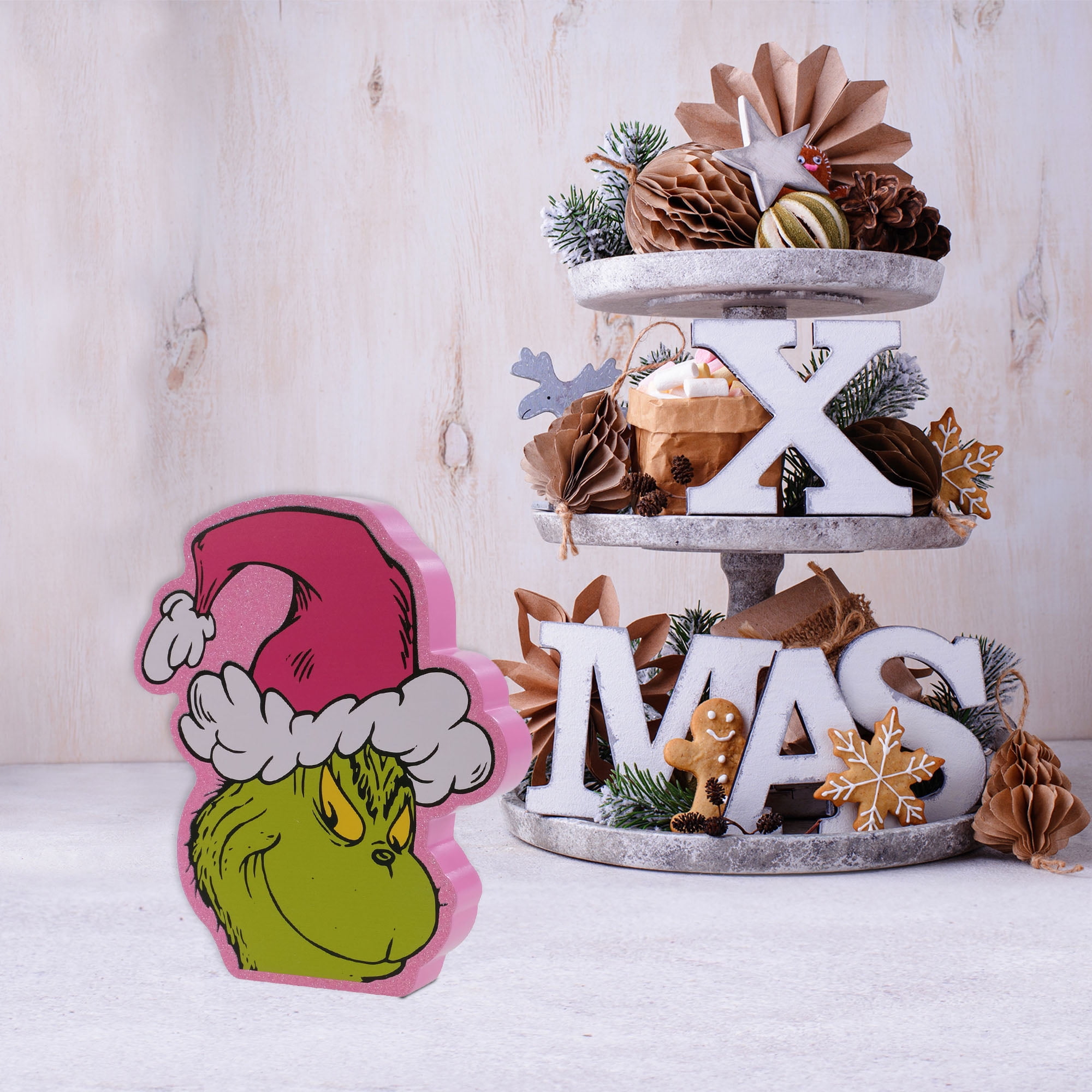 Dr. Seuss The Grinch Chunky Wood Decoration with Pink Santa Hat and Glitter, 1 Piece