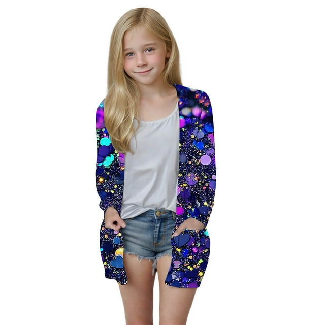 MKOSPLRT Girls Lightweight Cardigan Sequined Print Long Sleeve Casual Jacket Open Front Oversized Sweater Cardigan with Pockets 5-14Y