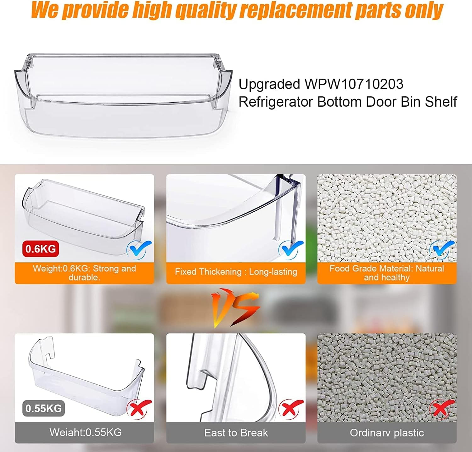 UPGRADED WPW10710203 Refrigerator Door Bin Compatible With Whirlpool Kenmore Refrigerator Door Shelf W10710203 W10451871 Whirlpool Shelf Replacement WRS571CIHZ01 WRS588FIHZ00 WRS571CIHZ04