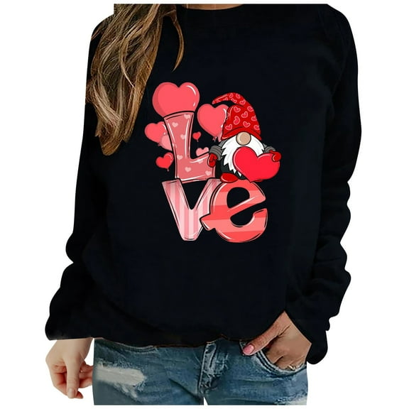 Luxalzxs Valentine's Day Sweatshirts for Women Love Heart Dwarf Print Crew Neck Long Sleeve Shirts Holiday Casual Pullover Tops