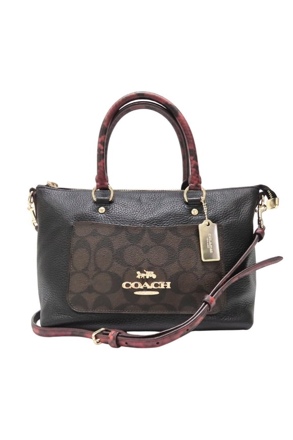 Pre-Owned Coach Signature Mini Emma Handbag F34281 Leather Coated Canvas Black Brown Bordeaux...