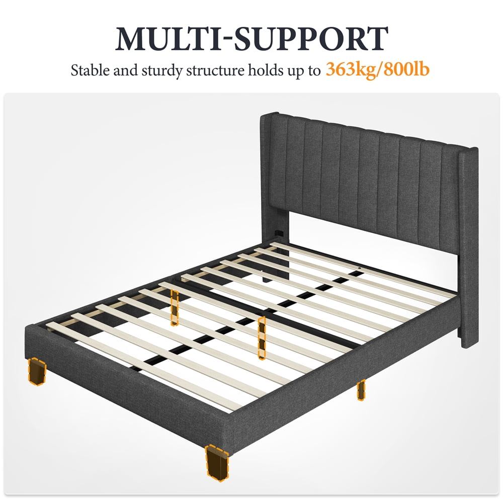 Topeakmart Queen Platform Bed with Upholstered Headboard & Mattress Foundation, Navy Blue