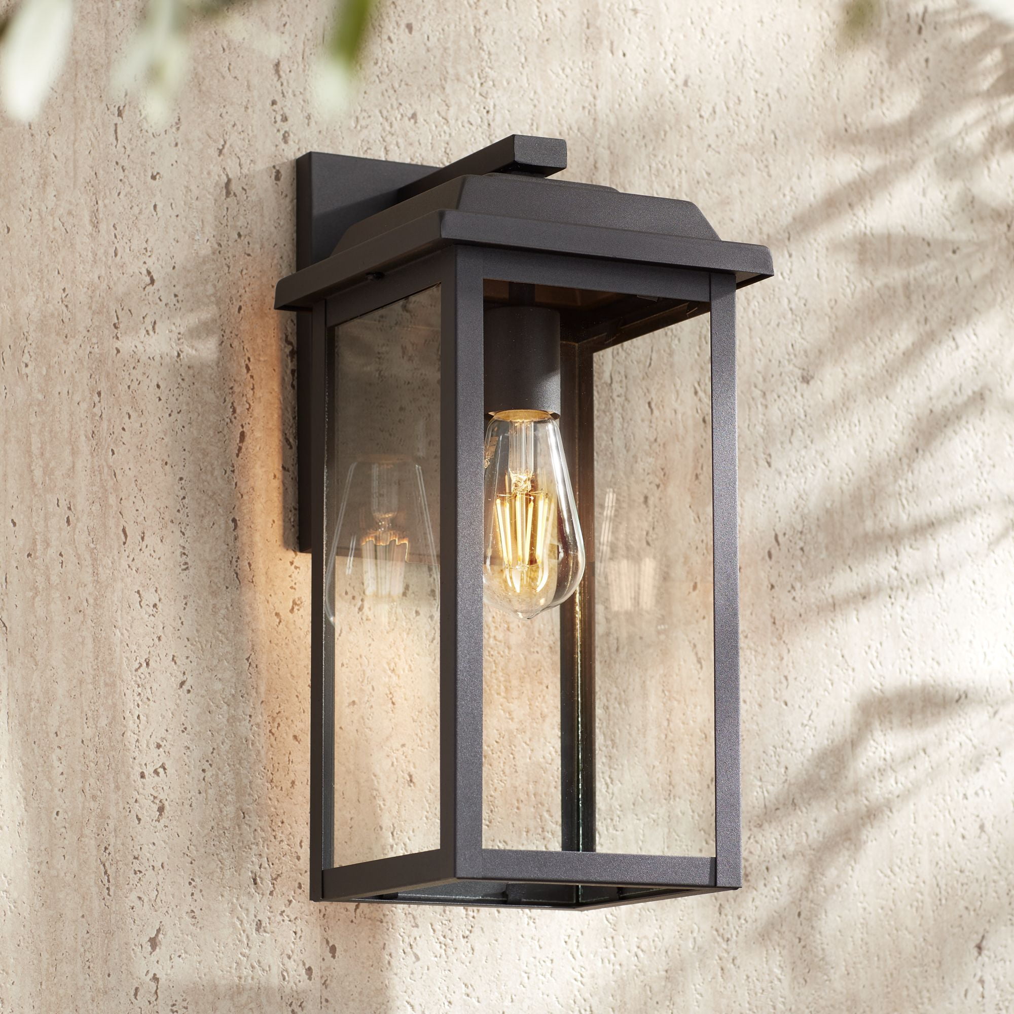 John Timberland Eastcrest Modern Outdoor Wall Light Fixtures Set of 2 Textured Black Metal 15 1/4" Clear Glass for Post Exterior Barn Deck